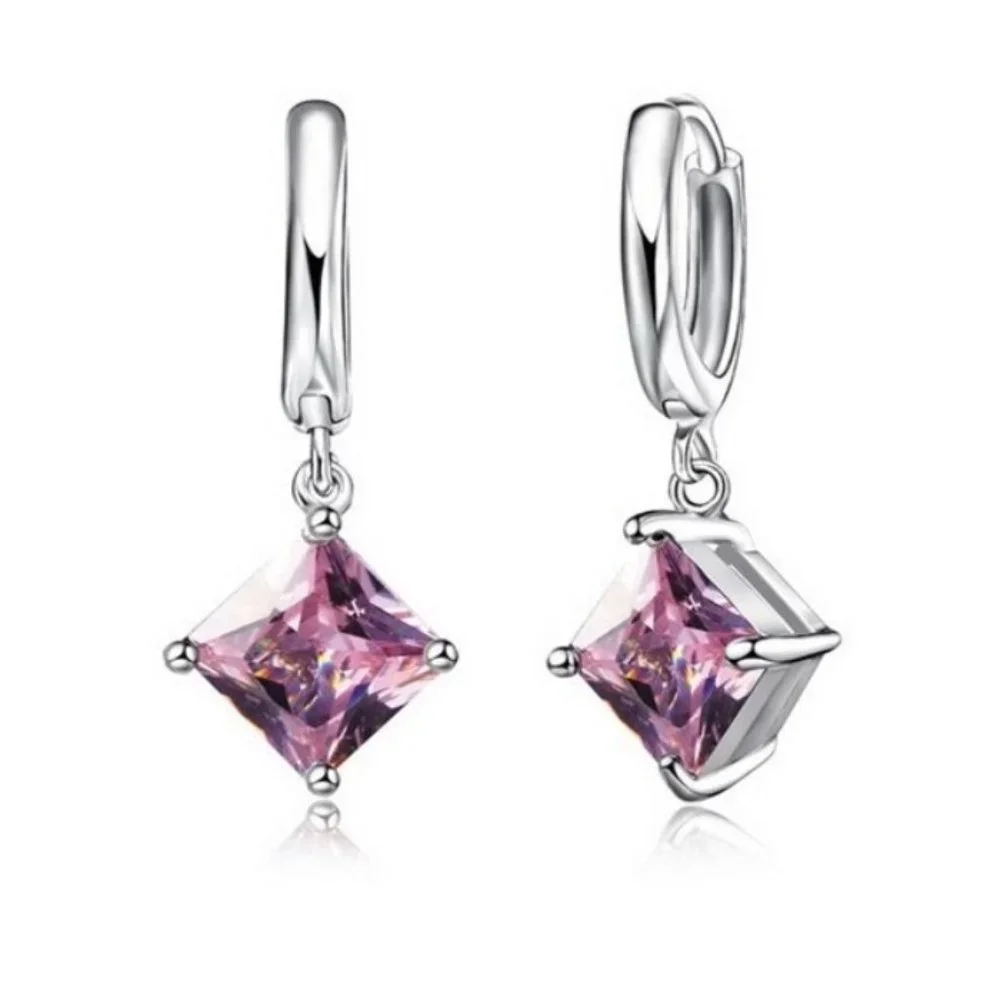 💎 Square Necklace And Earrings 925 Sterling Silver Set Gift - Picture 3 of 3
